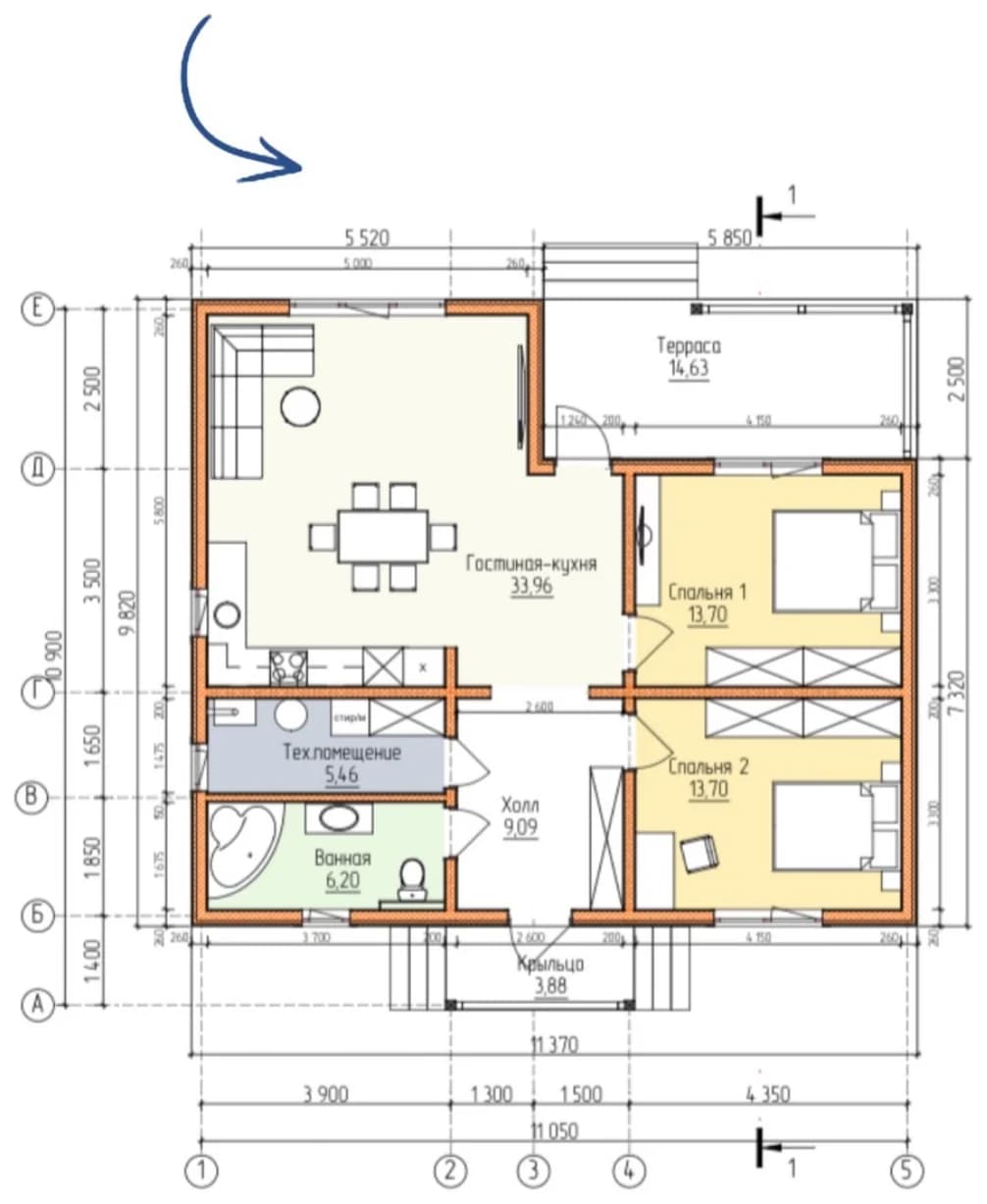 Планировка каркасного дома 100,62 м² с размерами помещений