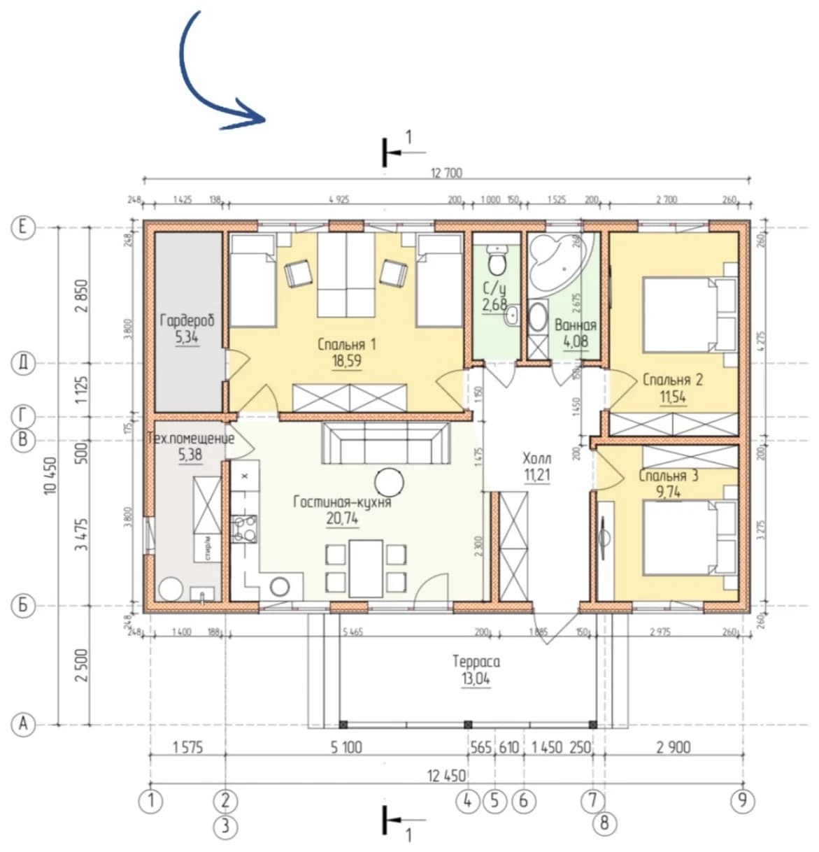 Планировка каркасного дома 102,34 м² с размерами помещений