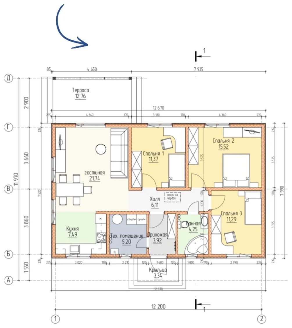 Планировка каркасного дома 102,99 м² с размерами помещений