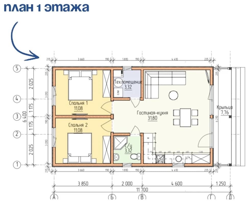 Планировка каркасного дома 68 м² с размерами помещений