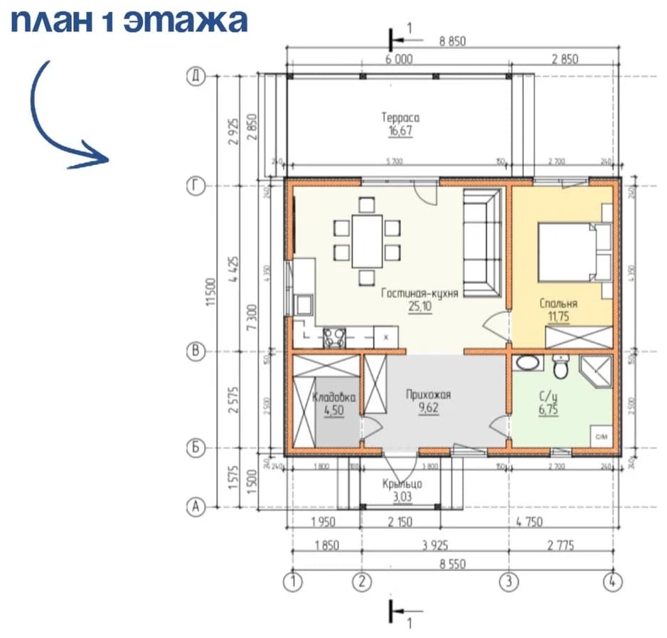 Планировка каркасного дома 77,42 м² с размерами помещений