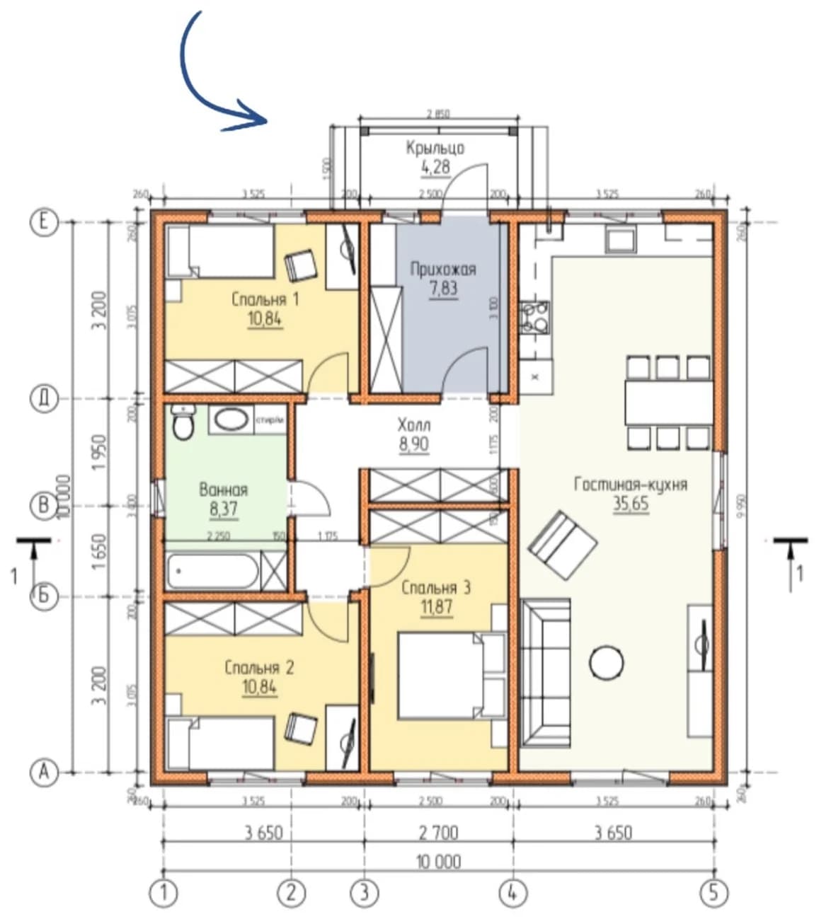 Планировка каркасного дома 98,58 м² с размерами помещений